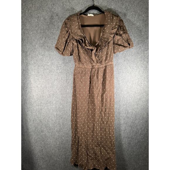 By The River Dress Women Medium Midi Short V Neck Cottagecore Polka dot Boho - Picture 1 of 8